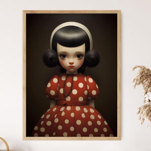 Impresión artística de muñeca con vestido de lunares, decoración encantadora de estilo vintage, perfecta para la pared de la habitación de los niños, regalo único para baby shower