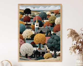 Vibrant Village Art Print: Colorful Trees, Quaint Houses, Coastal Landscape