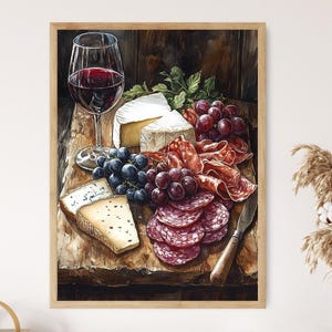 Lámina artística de tabla de charcutería, quesos franceses y vino tinto