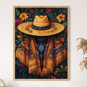 Colombian Sombrero Vueltiao and Ruana Poncho Illustration, Traditional Clothing Art