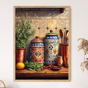 Aserbaidschanische Keramik-Gewürzgläser Kunstdruck, Kilim-inspiriertes Küchen-Dekor-Poster