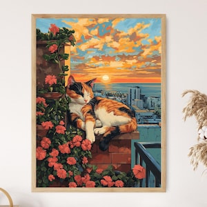 May include: A calico cat naps on a brick ledge overlooking a city skyline at sunset. The cat is surrounded by pink flowers and green leaves.