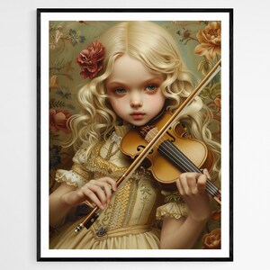 Impresión de arte de niña violín, hermosa pieza de decoración del hogar, ideal para sala de música, regalo de cumpleaños reflexivo para violinista
