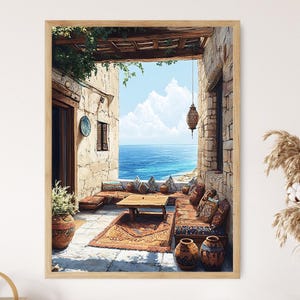 May include: A painting depicting a patio with an ocean view. The patio features a wooden pergola, a table with chairs, and several potted plants. The ocean is blue and the sky is clear.