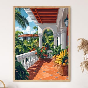 May include: A framed print of a tropical scene. The artwork depicts a balcony with a white balustrade, red tile floor, and lush greenery. Baskets of fruit and flowers are visible, with a blue sky and palm trees in the background.