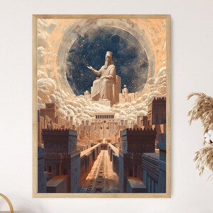 May include: Framed art print depicting a seated figure in a celestial setting, surrounded by a city. The artwork features a detailed illustration with warm tones of beige, brown, and blue. The print is encased in a wooden frame, adding a classic touch.