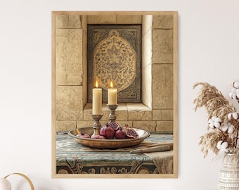 May include: A framed print featuring a still life with candles, pomegranates, and a decorative plate. Two lit candles sit in ornate holders, and pomegranates are arranged on a brass-colored plate. The background includes a patterned wall and a decorative panel.