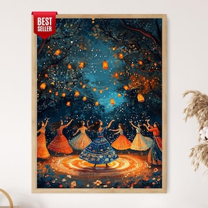 Op de afbeelding: Een ingelijste kunstdruk met vrouwen die 's nachts onder lantaarns dansen. Het kunstwerk toont een cirkel van licht en kleurrijke jurken. De afbeelding heeft een "Best Seller" tag.