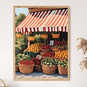 Charming Farmers Market Fruit Stand Art Print, Colorful Fresh Produce Illustration