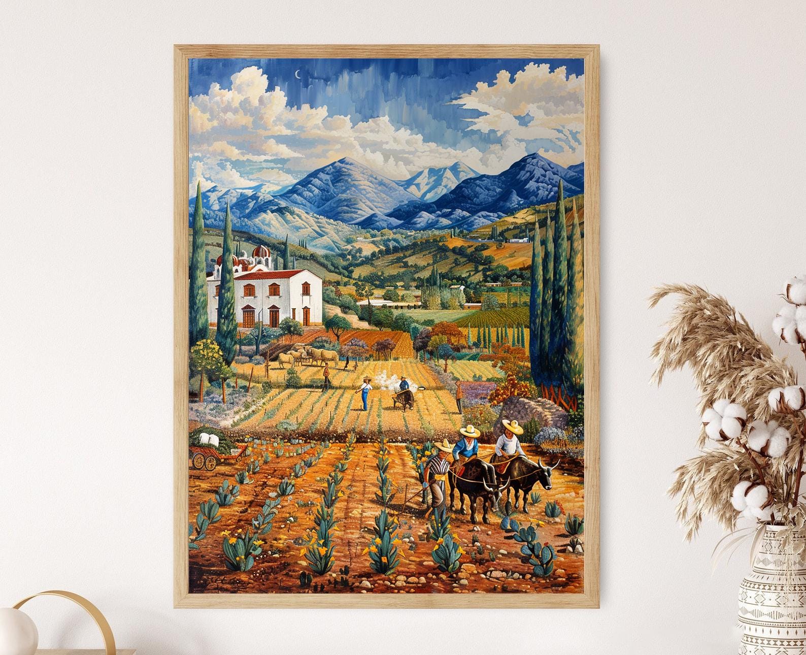 Traditional Mexican Farming Scene Art, Farmers Plowing Fields