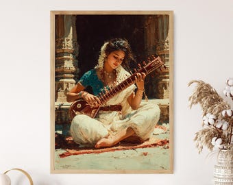 Carnatic Musician Veena Art Print: South Indian Folk Illustration
