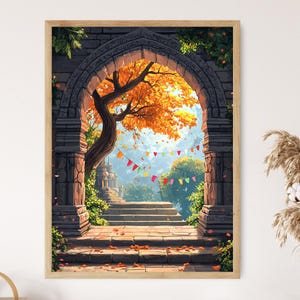 May include: A stone archway with a colorful tree growing through it. The archway is decorated with colorful flags and leads to a set of stone steps. The scene is painted in a realistic style.