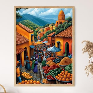 Togo Marketplace Illustration, Colorful Farm Market Painting, African Fruit Art, Wall Art for Kitchen, African Restaurant Decor