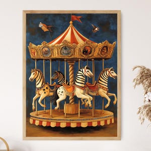 Circus Carousel Art Print, Whimsical Circus Illustration with Colorful Horses and Sunset Background, Vibrant Carnival, Vintage Circus
