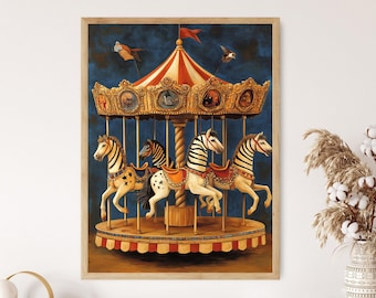 Whimsical Circus Carousel Art Print: Colorful Horses & Sunset