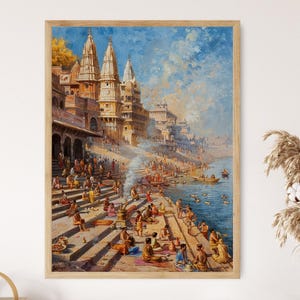 Sacred Varanasi Ghats Art, Indian Religious Poster