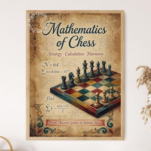 Könnte beinhalten: Ein gerahmter Kunstdruck mit dem Titel Mathematics of Chess, der ein farbenfrohes Schachbrett mit verschiedenen Schachfiguren, mathematischen Formeln und geometrischen Diagrammen auf einem vintage-artigen Pergamenthintergrund zeigt.