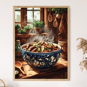 May include: A blue and white patterned bowl filled with a hearty stew with meat and vegetables. The bowl is sitting on a wooden table with a spoon next to it. The background is a rustic kitchen with a window and wooden beams.