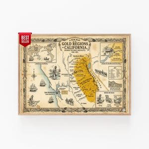 Puede incluir: Un mapa histórico enmarcado titulado A New Map of the Gold Regions of California 1848-1855, que presenta una región central sombreada en oro, ilustraciones de métodos mineros, rutas de los 49ers y un recuadro detallado de Coloma y Sutter's Mill.