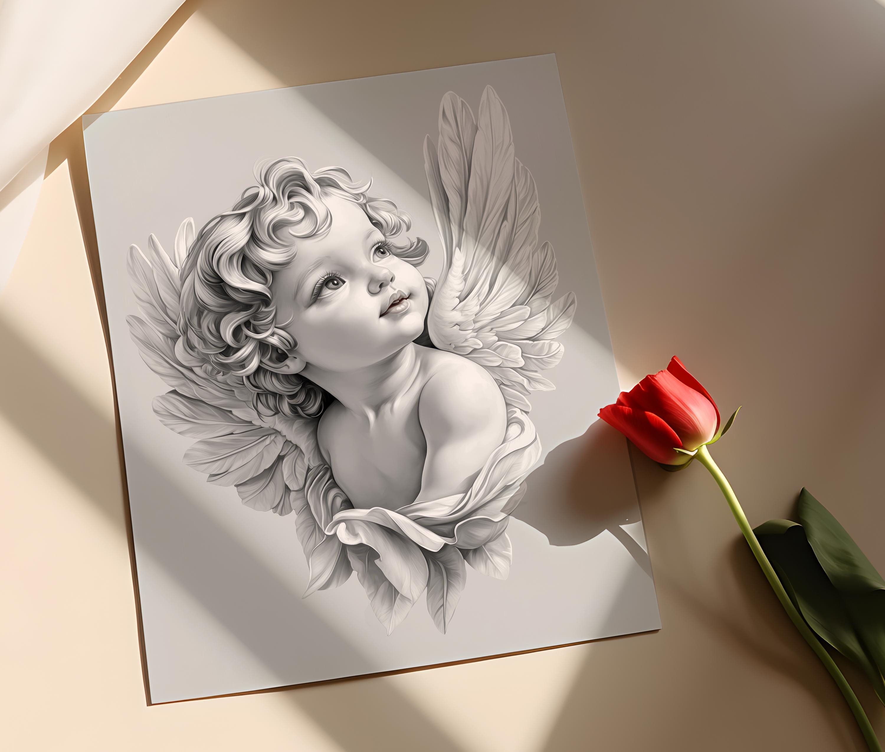 エレガントな天使のアートプリント、古典的な天使のイラスト、バロック