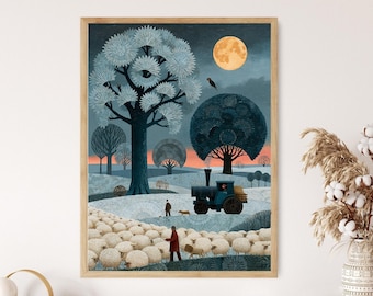 Farm Landscape Print: Tractor, Sheep, Moon, Vintage Art Poster