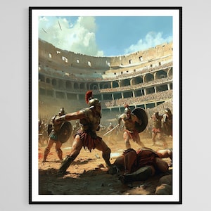 以下が含まれることがあります： ローマのコロッセオでの剣闘士の戦いを描いた絵画。シーンはアリーナに設定されており、前景には倒れた剣闘士が、中央には2人の剣闘士が戦っています。コロッセオは観客でいっぱいです。