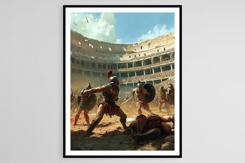 以下が含まれることがあります： ローマのコロッセオでの剣闘士の戦いを描いた絵画。シーンはアリーナに設定されており、前景には倒れた剣闘士が、中央には2人の剣闘士が戦っています。コロッセオは観客でいっぱいです。