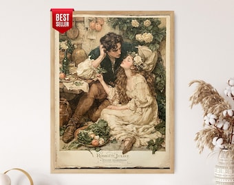 May include: A framed print of Romeo and Juliet by William Shakespeare. The artwork depicts a man and woman in a romantic embrace, surrounded by flowers and greenery. The print has a vintage aesthetic and is labeled "Best Seller".