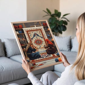 May include: Two people are weaving a colorful rug with intricate patterns. The rug is being woven on a loom and the people are using their hands to create the design. The rug is a traditional design with a central medallion and floral motifs.