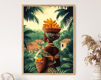Nigerian Market Woman Art Print, Traditional African Dress, Vibrant Cultural Scene