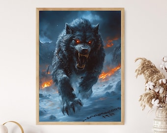 Fenrir, lupo della mitologia norrena, bestia del Ragnarok, stampa artistica della leggenda vichinga