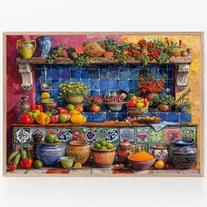 May include: A colorful still life painting featuring a variety of fruits and vegetables, including red peppers, green peppers, oranges, lemons, and limes. The painting also features a variety of ceramic bowls and pots, some with floral designs. The background is a blue and white tiled wall.