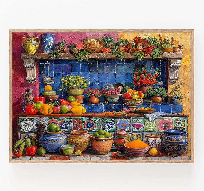 May include: A colorful still life painting featuring a variety of fruits and vegetables, including red peppers, green peppers, oranges, lemons, and limes. The painting also features a variety of ceramic bowls and pots, some with floral designs. The background is a blue and white tiled wall.
