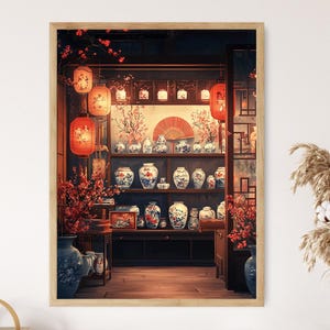 Impresión artística de tienda de regalos china, póster de decoración de jarrón de porcelana, ilustración de abanico de seda
