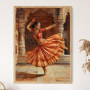 Kathak Dance Art Print, muurdecoratie Indiase klassieke dans, illustratie traditioneel ballet, cultureel cadeau voor dansliefhebbers