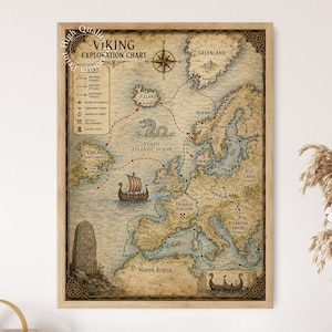 Lámina con mapa de las exploraciones vikingas, mapa de los viajes nórdicos, cuadro de aventuras marítimas históricas.