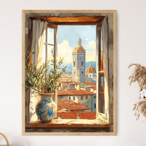 Impresión artística de ventana rústica de Florencia con vista al Duomo, póster de herencia italiana