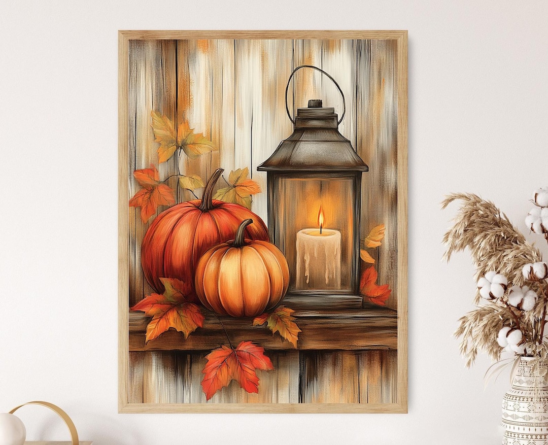 Lantern and Pumpkins Art Print: Cozy Autumn Harvest Wall Decor - Etsy