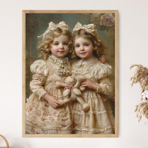 Twin Girls in Matching Outfits with Toys – Adorable Maud Humphrey Style Art
