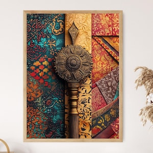 Indonesische Batik Stamp Art Print, Messing und Holz Artefakt Poster, Textil Handwerk Illustration