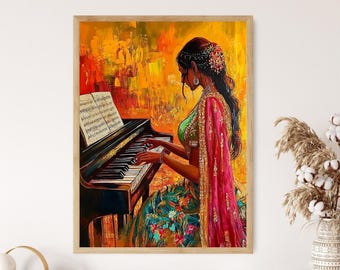 Indian Woman in Saree Playing Piano, Boho Desi Wall Art