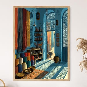 May include: An artistic print of a shop interior with blue walls, featuring colorful textiles, spools of thread, and decorative bowls. The scene is bathed in sunlight, creating a warm and inviting atmosphere. The print is framed in a light wood.