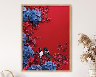 Magpie Birds Illustration - Red and Blue, Bird Lover Gift, Wildlife Artwork