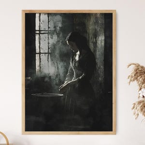 May include: A woman in a dark dress stands in a dimly lit room, her back to the viewer. She is looking down at a bowl in front of her. The room has a window with bars and a textured wall.