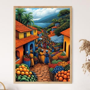 Liberia Marketplace Illustration, Colorful Farm Market Painting, African Fruit Art, Wall Art for Kitchen, African Restaurant Decor