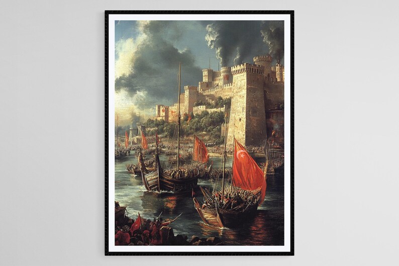 Istanbuls fall, ottomanskt stridsscentryck, historiskt konstverk vid Bosporenkanalen, medeltida krigföringsdekor bild 4