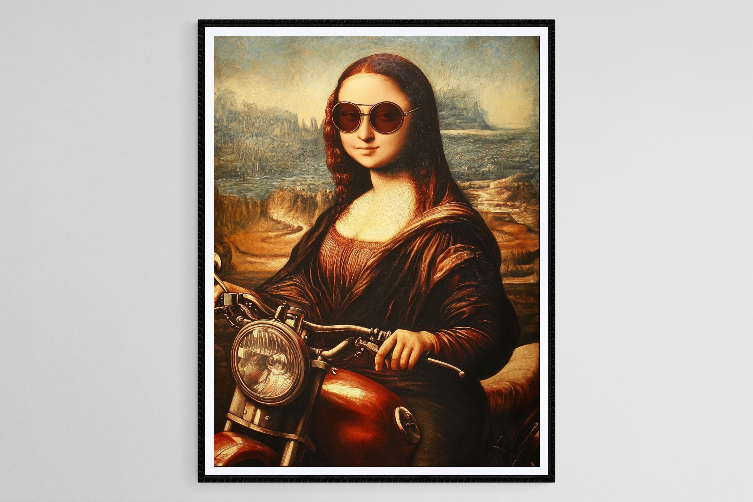 monaページ Mona Lisa on Motorcycle Art Print, Quirky Renaissance Pop Art