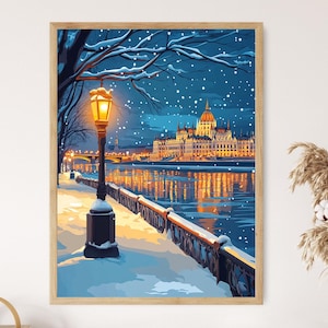 Budapest Winter Art Print, Snowy Danube River Decor, Hungarian Cityscape Wall Art