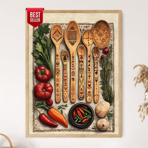 May include: A framed wall art print featuring a collection of wooden spoons with intricate geometric carvings arranged alongside fresh produce including red tomatoes, green herbs, orange peppers, garlic bulbs, and a small bowl of chilli peppers.