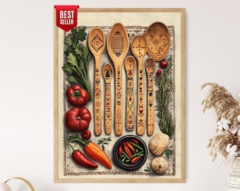 Può includere: Una stampa artistica da parete incorniciata che presenta una collezione di cucchiai di legno con intricati intagli geometrici disposti accanto a prodotti freschi tra cui pomodori rossi, erbe verdi, peperoni arancioni, aglio e una ciotola di peperoncini.